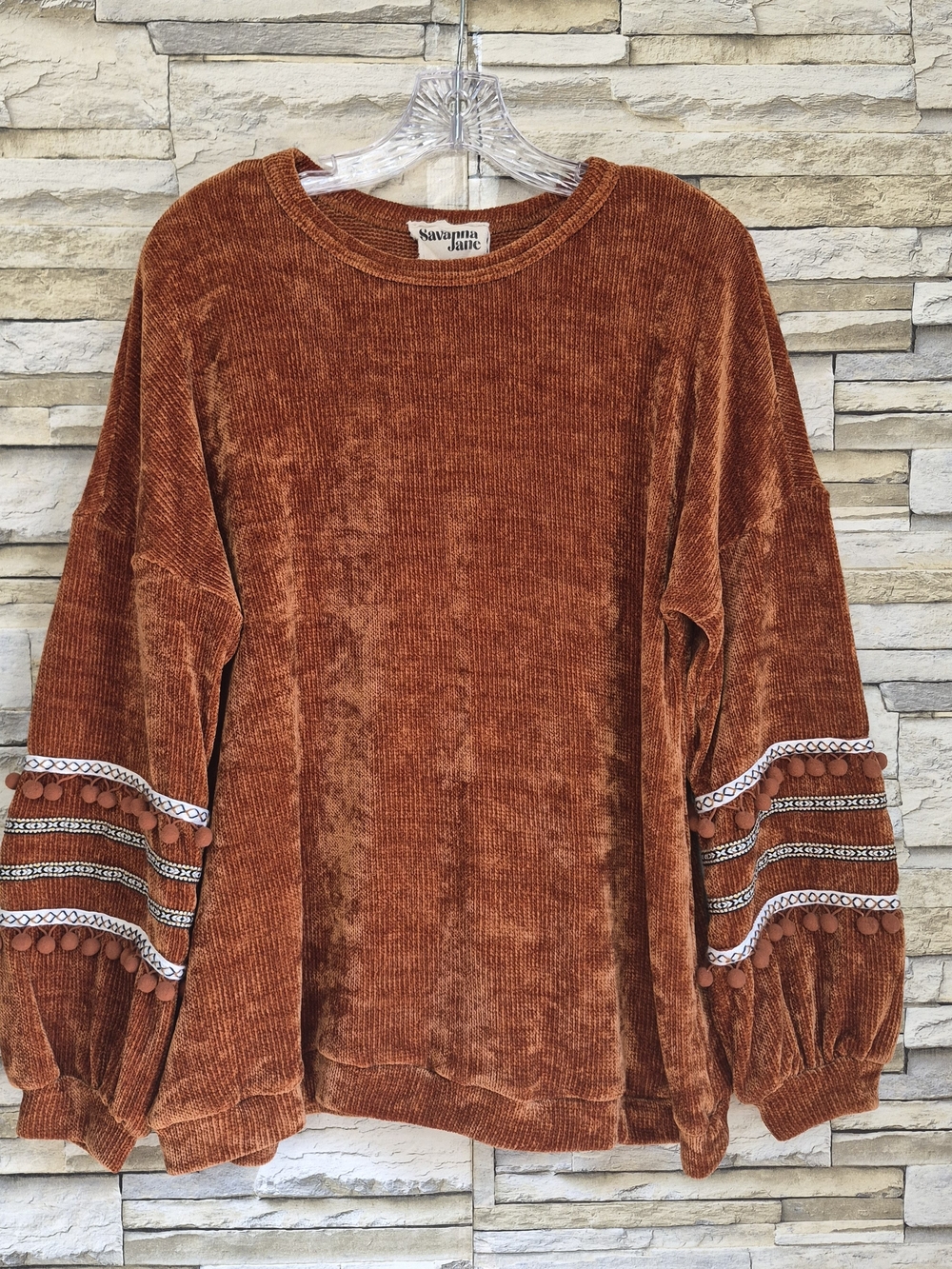 Savanna Jane Chenille Sweater Women's Size Large Rust Boho Pom Pom Cottagecore